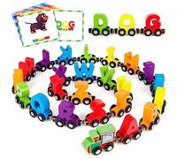 Vanmor Ensembles de Trains alphabétiques magnétiques en Bois | abc alphabet apprentissage jouet train avec 42pcs cartes mémoire flash, 1 sac de rangement | bambin garçon fille