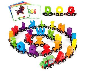 Vanmor Ensembles de Trains alphabétiques magnétiques en Bois | abc alphabet apprentissage jouet train avec 42pcs cartes mémoire flash, 1 sac de rangement | bambin garçon fille