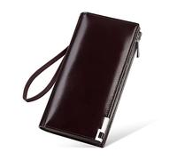 VANNANBA Portefeuille long pour homme avec fermeture éclair en cuir de grande capacité pour chéquier à deux volets pour les voyages et les affaires, marron