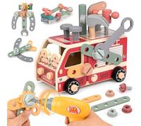 Vanplay Jouet Enfant 3 Ans, Outils Enfant Camion Pompier avec Perceuse Électrique Malette Outils Montessori Jouets en Bois 47 Pièces, Cadeau Garcon Fille 3 4 5 Ans