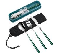 VANRA Ensemble de 3 ustensiles de voyage portables avec étui Set de couverts en acier inoxydable 18/8 Set de couverts réutilisables avec fourchette, cuillère, couteau pour déjeuner, voyage, camping