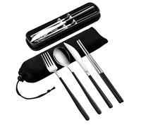 VANRA Ensemble de 4 couverts en acier inoxydable 18/10 avec boîte Couverts portables avec fourchette, cuillère, couteau, baguettes de déjeuner, voyage, camping (argent noir）