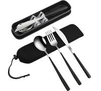 VANRA Ensemble de couverts de voyage portable 3 pièces avec étui en acier inoxydable 18/8 Ensemble de couverts réutilisables avec fourchette, cuillère, couteau pour le déjeuner, les voyages, le