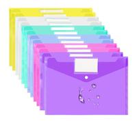 VANRA Lot de 12 enveloppes en plastique transparentes avec bouton pression et pochette pour étiquette pour bureau, école, format A4, 6 couleurs