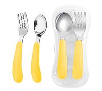 VANRA Lot de 2 fourchettes et cuillères pour enfant avec étui de voyage en acier inoxydable 18/8 - Couverts pour enfants - Couverts pour l'école - Boîte à déjeuner (jaune)
