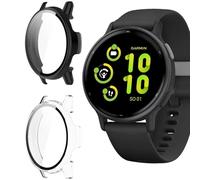 Vanrain Coque pour Garmin Vivoactive 5, 2 Pièces Couverture Totale PC Coque Anti-Rayure Bumper Protecteur Étui con Protection écran Verre Trempé 9H Dureté Haute Définition, Transparent+Noir