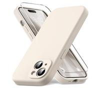 Vansdon Coque pour iPhone 15,Housse Silicone Liquide Mince, Doublure Microfibre Anti-Rayures, 1x Film de Protection en Verre Trempé, Protection Antichoc,Gris Pierre