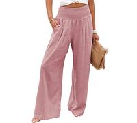 Vansha Palazzo Pantalon d'été taille haute en coton et lin, jambes longues et larges avec poche, pour femme, rose, Taille XL