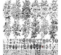 VANTATY Lot de 10 feuilles de tatouages temporaires 3D pour femmes - Motif : fleurs de pivoine - Étanche - Noir - Grand tatouage 3D - Motif : fleurs - Épaules - Feuille - Bricolage des jambes sexy