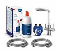 VANTO INOX Robinet de cuisine à 3 voies - En acier inoxydable 304 - Haute pression - Filtre à eau potable sous établi, filtre à eau potable avec BRITA P1000, tuyaux et adaptateur - Bec en L
