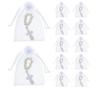 VANZACK 40 Petits Chapelets en Perles de Bois avec Croix, Bracelets Chapelet de Baptême pour Bébé, Pochettes en Filet, Souvenirs de Première Communion et Décorations Cérémonie Fête
