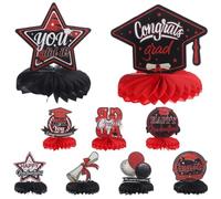 VANZACK 9 Pièces Décoration de Remise de Diplôme en Papier Nid d'abeille Rouge, Accessoire Créatif et Unique pour Fête de Fin D'études, pour Table de Graduation