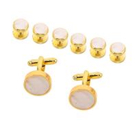 VANZACK Boutons de Manchette Ronds pour Hommes, Ensemble de Smoking Mariage | Finition Blanc et Or, Coquille et Cuivre, Look Coordonné, pour Tenue Formelle et Affaires