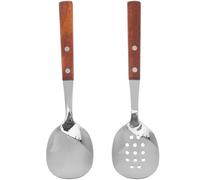 VANZACK Cuillères de Service en Acier avec Manche Bois pour Buffet Cuillère Pleine et Fendue Résistantes Ustensiles de Cuisine Durables et Élégants