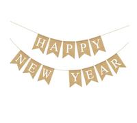 VANZACK Guirlande de Fête en Lin 1,8 M, Drapeaux Suspendus Lettres Happy New Year, Bannière Décorative Créative pour Décoration Intérieure et Extérieure du Nouvel An