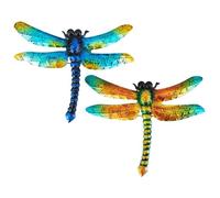 VANZACK Lot de 2 Sculptures Murales Libellules 3d en Métal Coloré Bleu et Orange, Décoration Murale Extérieure pour Jardin, Balcon et Terrasse, Art Mural Suspendu Résistant aux
