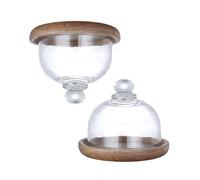 VANZACK Lot de 2 Sets de Mini Plateaux à Desserts en Bois Dôme en Verre Transparent, Mini Assiettes à Dessert pour Gâteaux, Fruits et Macarons, Plateau de Service Élégant Cuisine et