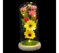 VANZACK Veilleuse LED Fleur Tournesol avec Abat-Jour en Verre Base en Bois Naturel Décoration Romantique Saint-Valentin et Bureau Ornement Chic avec Fleurs Artificielles Éclairage