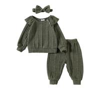 vaolkwsacz Bébés et Filles Européens et Américains, Couleur Claire, Haut à Manches Longues avec Manches Volantes, Pantalon et Chapeau, Combinaison Trois Pièces Bébé Barboteuse 6 Mois, vert, 0-6 mois
