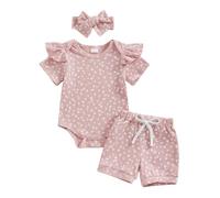 vaolkwsacz Costume trois pièces pour fille, col rond, haut grenouillère rayé avec pois floraux, short rayé à pois floraux, combinaison 3 pièces pour sources chaudes et, Rose, 6