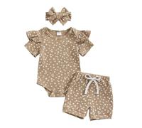 vaolkwsacz Costume trois pièces pour fille, col rond, haut grenouillère rayé avec pois floraux, short rayé à pois floraux, combinaison 3 pièces pour sources chaudes et, marron, 3