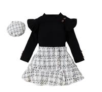 vaolkwsacz Europe et États-Unis Vêtements pour enfants filles et hiver à manches longues Petit parfum Jupe tissée + béret 3 ensembles et t-shirt, Noir , 18-24 mois