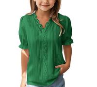 vaolkwsacz Fille Couleur Unie Dentelle Élégante Chemise Décontractée Col en V Tendance Couleur Unie Manches Bouffantes Coupe Ample Creux Blouses Manches Longues Bébé, vert, 3-4 ans