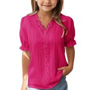 vaolkwsacz Fille Couleur Unie Dentelle Élégante Chemise Décontractée Col en V Tendance Couleur Unie Manches Bouffantes Coupe Ample Creux Blouses Manches Longues Bébé, Rose, 9-10 ans