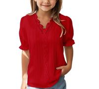vaolkwsacz Fille Couleur Unie Dentelle Élégante Chemise Décontractée Col en V Tendance Couleur Unie Manches Bouffantes Coupe Ample Creux Blouses Manches Longues Bébé, rouge, 3-4 ans