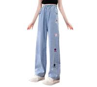 vaolkwsacz Girls Summer Thin Ice Silk Jeans Girls Primary and Secondary School Students Loose Embroidered Wide Leg Pants Mädchen Hosen 98, bleu, 13 ans