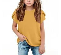 vaolkwsacz Haut à Manches Courtes en Coton et Lin pour Filles Couleur Unie Hauts Décontractés à Manches Courtes Et Col Rond Pour Moyen Et Grand Chemise À Manches Longues 2, jaune, 5-6 ans