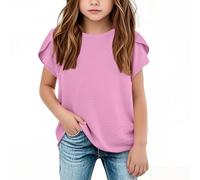 vaolkwsacz Haut à Manches Courtes en Coton et Lin pour Filles Couleur Unie Hauts Décontractés à Manches Courtes Et Col Rond Pour Moyen Et Grand Chemise À Manches Longues 2, Rose, 5-6 ans