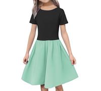 vaolkwsacz Robe d'été élégante à manches courtes pour fille - T-shirt patineur torsadé - Ligne A - Pour l'école - Taille 4-12 filles, vert, 11-12 ans