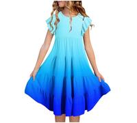 vaolkwsacz Robe d'été pour fille - Manches double couche - Ligne A fluide - Décontractée - Dégradé de couleur - Robe midi pour 615 ans - Patinage artistique, bleu, 14-15