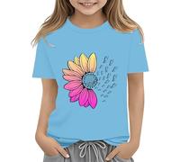 vaolkwsacz T-shirt de tournesols pour fille - Motif floral mignon - T-shirt ample - Col rond - Manches courtes - Décontracté - Pour enfants - Couleur unie, bleu ciel, 3-4 ans