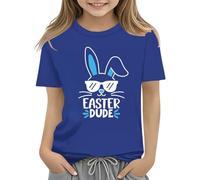 vaolkwsacz T-shirt pour enfants Easter Bunny avec œufs colorés et design T-shirt doux pour filles Chemisier confortable et élégant avec col pour fille, bleu foncé, 6-7 ans