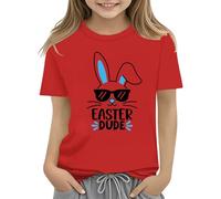 vaolkwsacz T-shirt pour enfants Easter Bunny avec œufs colorés et design T-shirt doux pour filles Chemisier confortable et élégant avec col pour fille, rouge, 12-13 ans
