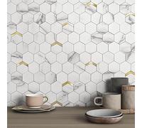 VAOVI Lot de 5 carreaux de dosseret hexagonaux pour dosseret de cuisine - Carreaux muraux hexagonaux en marbre (or blanc)