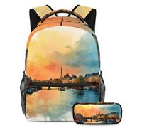 VAPOKF Aquarelle France Paris City Cartable pour adolescentes, filles, garçons, enfants, sac à dos avec trousse à crayons pour primaire, secondaire, lycée