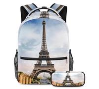 VAPOKF Aquarelle France Paris Eiffel Ensemble cartable pour adolescentes, filles, garçons, enfants, sac à dos avec trousse à crayons pour primaire, secondaire et lycée