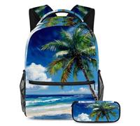 VAPOKF Blue Sky Beach Palm Sac d'école pour adolescentes, filles, garçons, enfants, sac à dos avec trousse à crayons pour école primaire, secondaire et lycée, multicolore, Taille unique, Ensemble