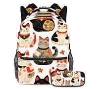 VAPOKF Cartable japonaise Maneki Neko Cat pour adolescentes, filles, garçons, enfants, sac à dos avec trousse à crayons pour l'école primaire, secondaire et lycée