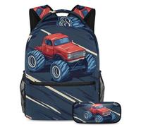 VAPOKF Cartable rouge Monster Car on Road pour adolescentes, filles, garçons, enfants, sac à dos avec trousse à crayons pour école primaire, secondaire, lycée, multicolore, Taille unique, Ensemble