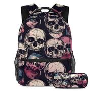 VAPOKF Color Dead Skulls Ensemble cartable pour adolescentes, filles, garçons, enfants, sac à dos avec trousse à crayons pour école primaire, secondaire et lycée, multicolore, Taille unique, Ensemble