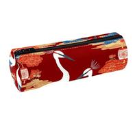 VAPOKF Cranes on Tradition Trousse à crayons en cuir Fond rouge Sac à crayons Porte-monnaie Cosmétique Trousse de maquillage pour étudiant Papeterie École Bureau Rangement