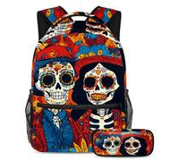 VAPOKF Day of The Skulls Ensemble cartable pour adolescentes, filles, garçons, enfants, sac à dos avec trousse à crayons pour école primaire, secondaire, lycée, multicolore, Taille unique, Ensemble