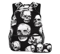 VAPOKF Dead Human Skulls Ensemble cartable pour adolescentes, filles, garçons, enfants, sac à dos pour étudiant, sac à dos avec trousse à crayons pour école primaire, secondaire et lycée, multicolore