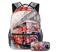 VAPOKF Ensemble cartable avec motif bus londonien rouge sur la rue de Paris pour adolescentes, filles, garçons, enfants, sac à dos avec trousse à crayons pour l'école primaire, secondaire et lycée,