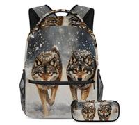 VAPOKF Ensemble cartable avec motif loups marchant sur la neige pour adolescentes, filles, garçons, enfants, sac à dos avec trousse à crayons pour école primaire, secondaire et lycée, multicolore
