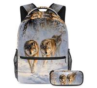 VAPOKF Ensemble cartable avec motif loups sur neige pour adolescentes, filles, garçons, enfants, sac à dos avec trousse à crayons pour école primaire, secondaire et lycée, multicolore, Taille unique